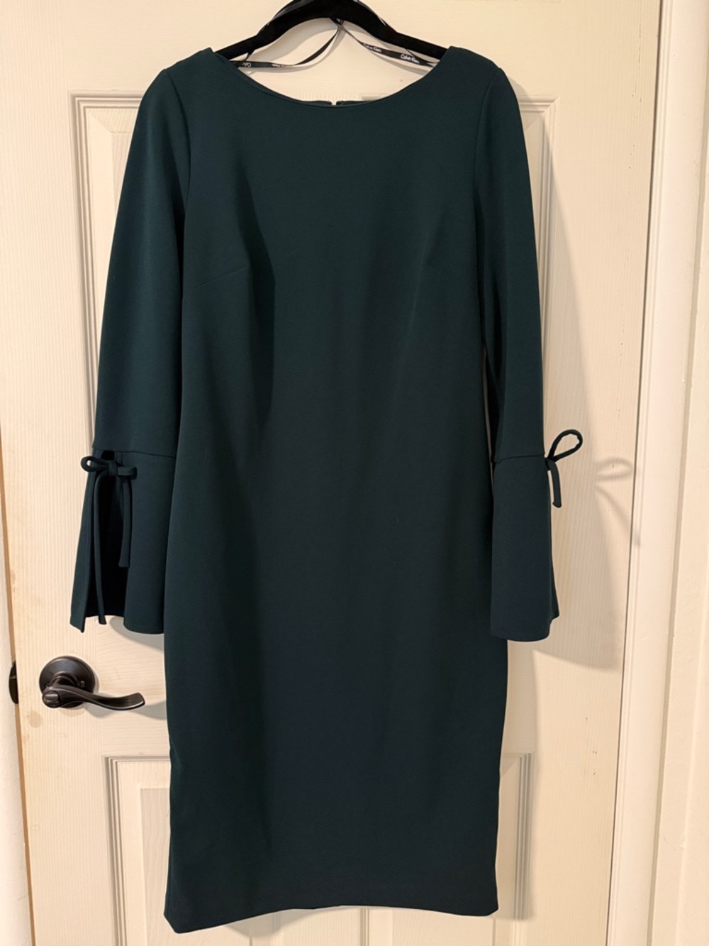 Calvin Klein Dark Teal Long Sleeve Sheath Dress with Tie Cuffs